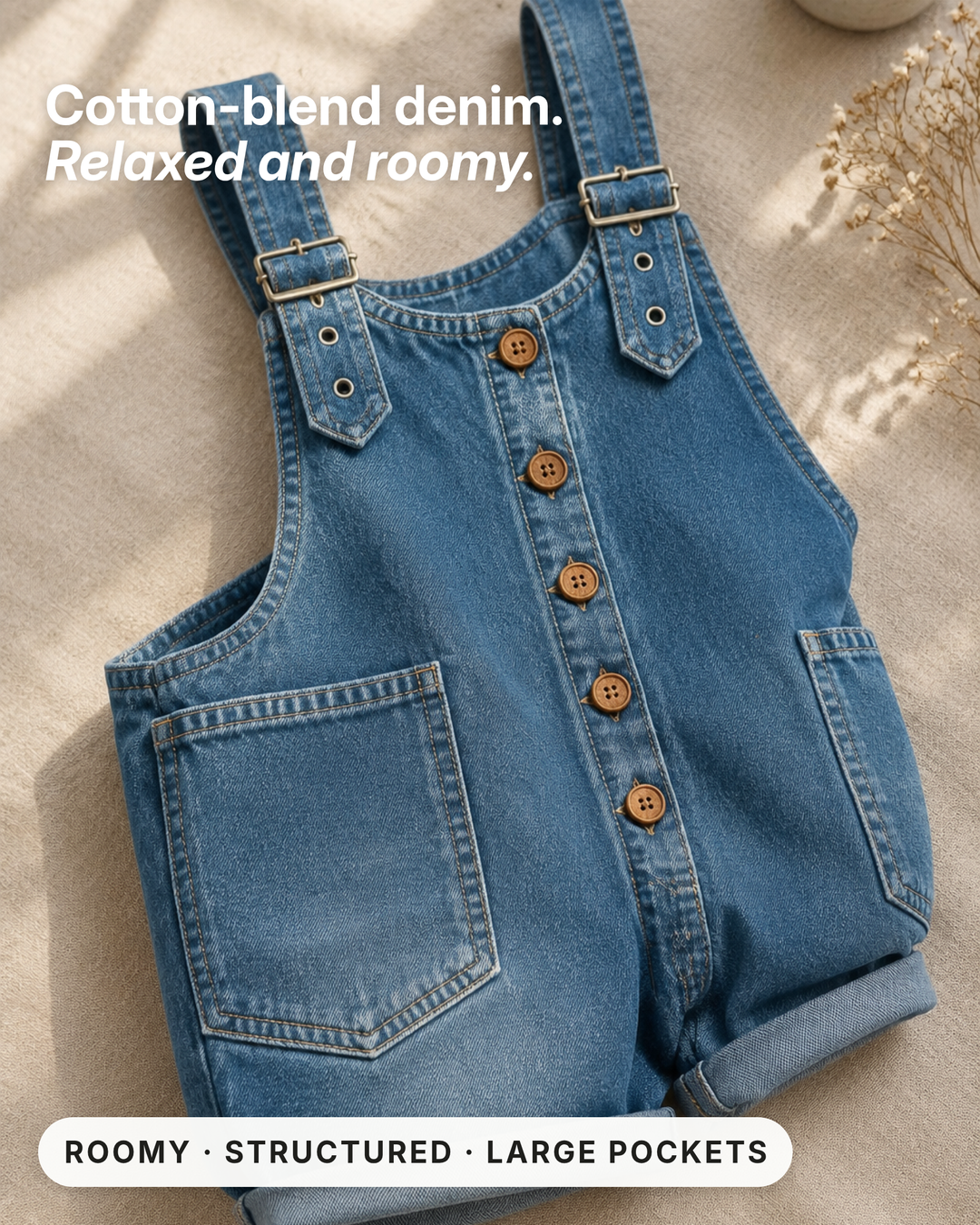 Billie | Relaxed Denim Overall Shorts fabric close-up