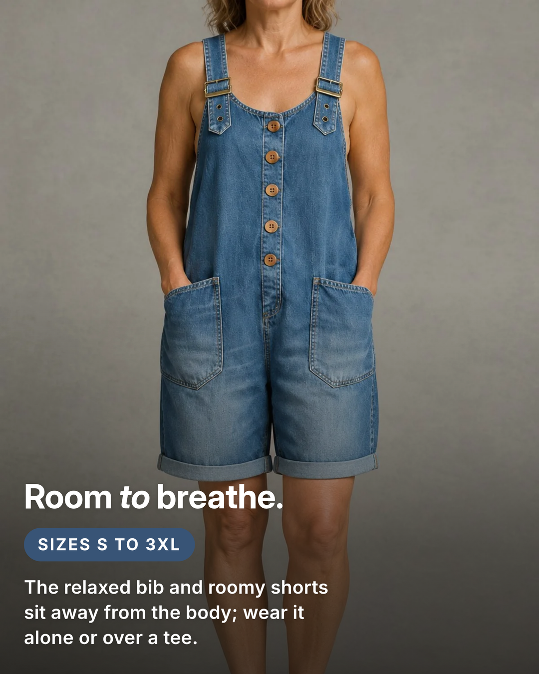 Billie | Relaxed Denim Overall Shorts fit and sizes