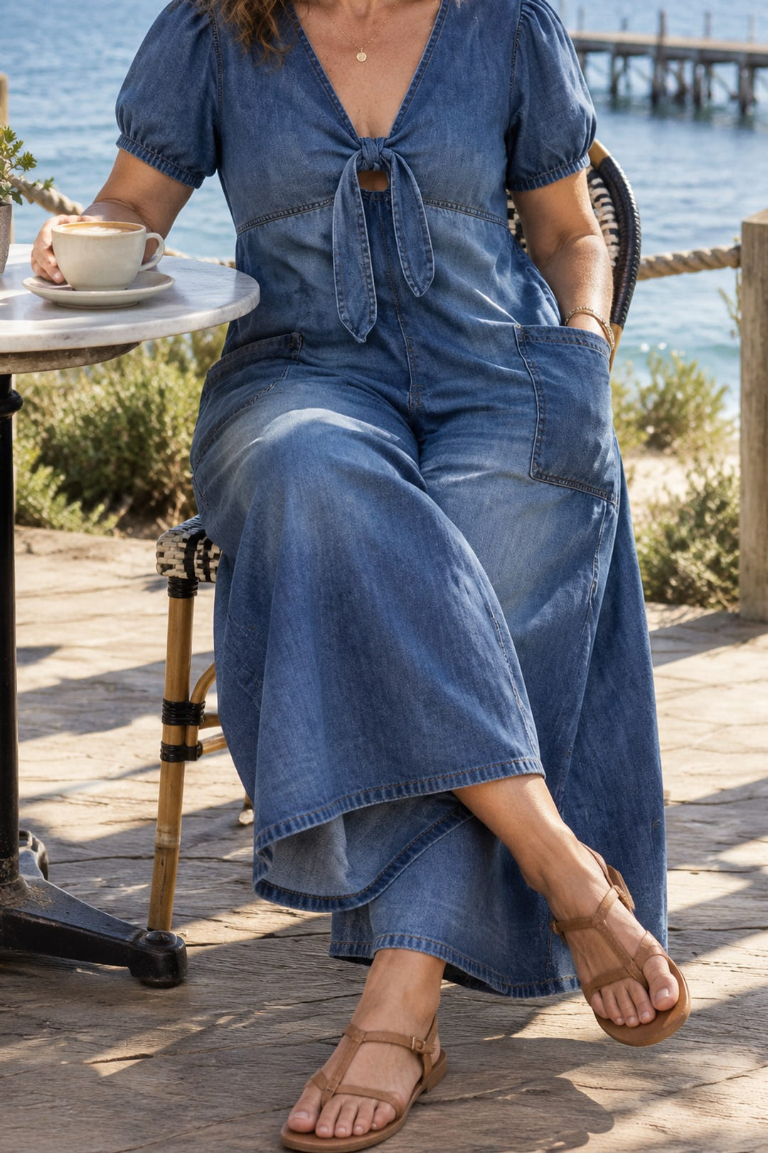 Tie-front wide-leg jumpsuit in blue at a seaside cafe