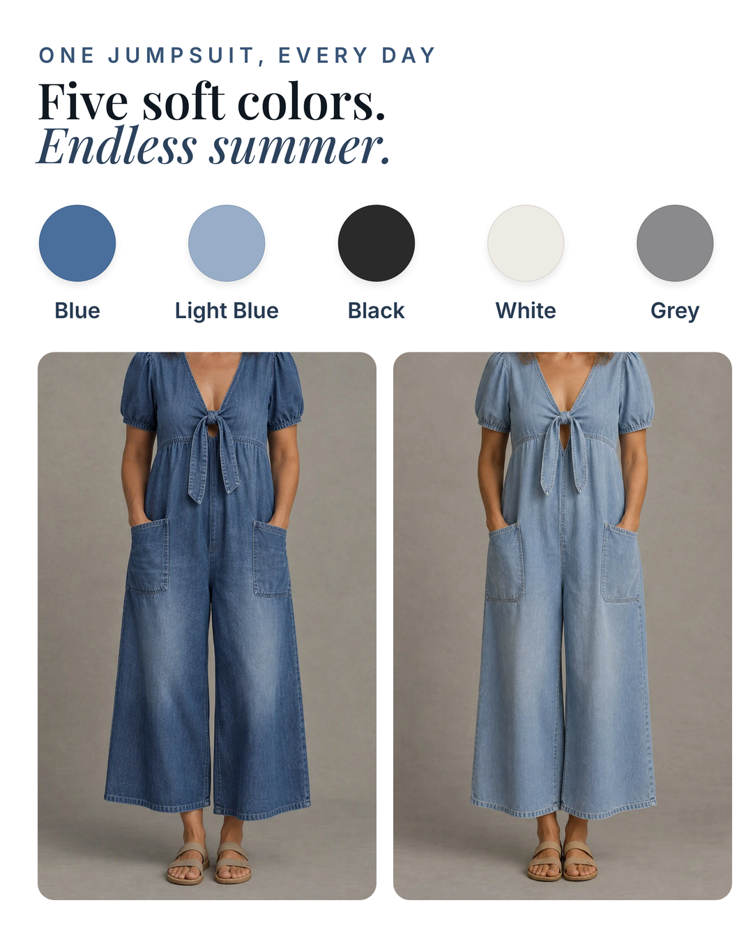 Birdie | Tie-Front Wide-Leg Jumpsuit available in 5 colours: blue, light blue, black, white, grey