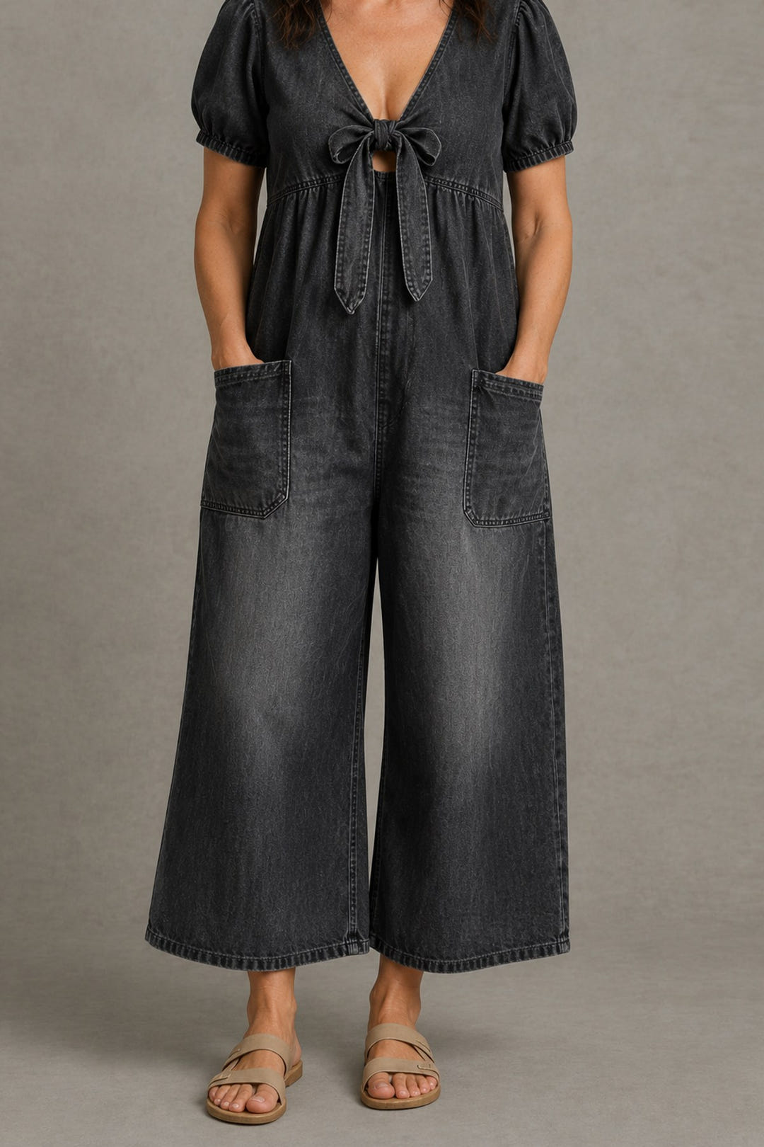 Tie-Front Wide-Leg Jumpsuit in black