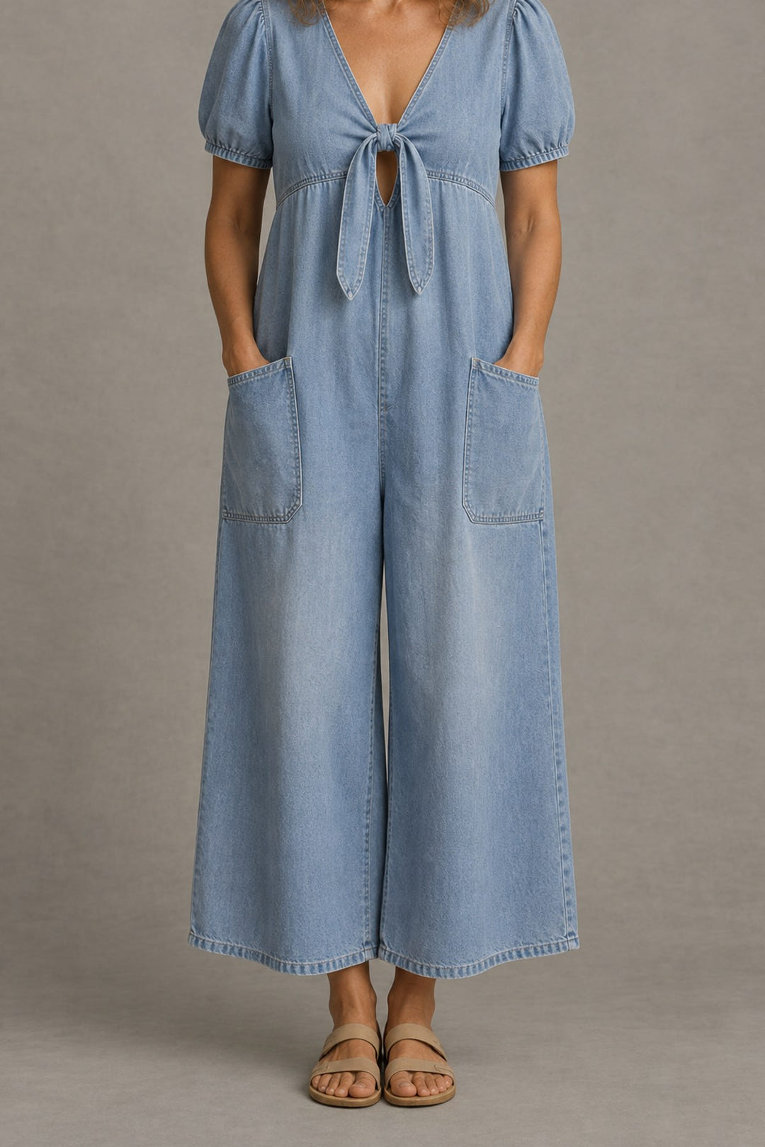 Tie-Front Wide-Leg Jumpsuit in light blue