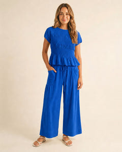 Smocked top and wide-leg pants set in blue, full length