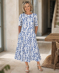 Floral midi dress with elbow sleeves in blue floral print