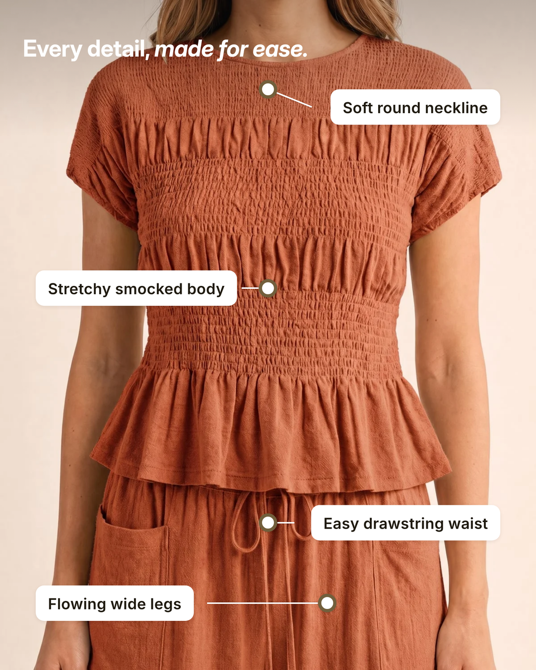 Bobbie | Smocked Top & Wide-Leg Pants Set details