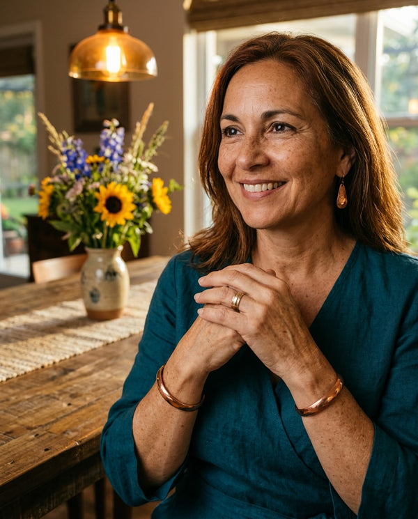 Woman wearing copper slim bangles