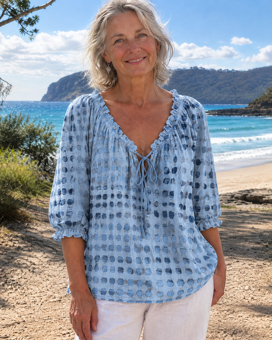 Mila | Boho Print Tie-Neck Blouse on Bruny Island, Mist Blue colourway