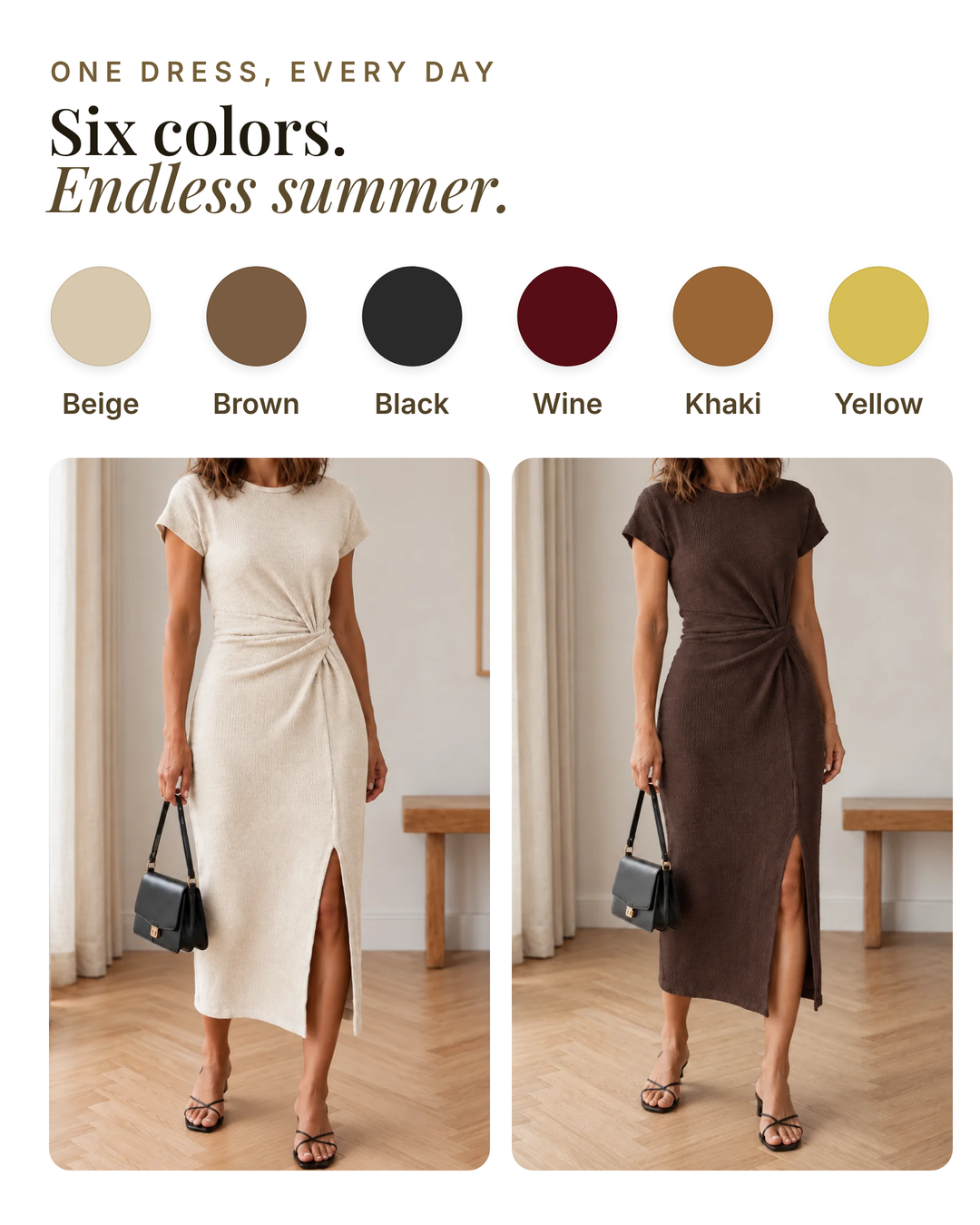 Cady | Ribbed Knot-Waist Midi Dress available in 6 colours: beige, brown, black, wine, khaki, yellow