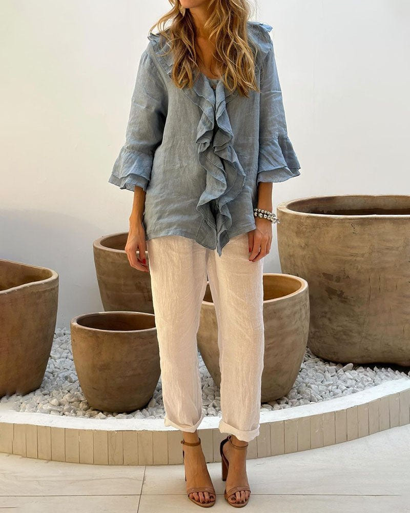 Regan | Ruffled Cotton Linen Sleeve Top