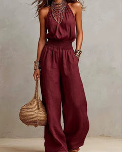 Dagny | Halter-Neck Smocked Linen Jumpsuit – Burgundy