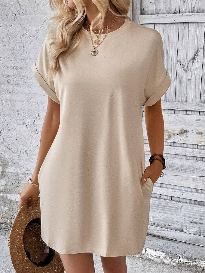 Relaxed batwing T-shirt dress in beige