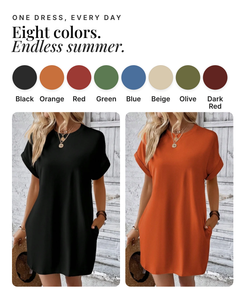 Clemmie | Relaxed Batwing T-Shirt Dress available in 8 colours: black, orange, red, green, blue, beige, olive, dark red