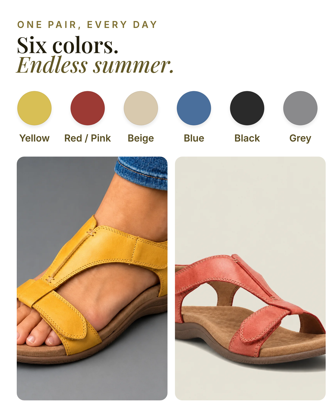 Cleta | Ergonomic Comfort Sandals available in 6 colours: yellow, red / pink, beige, blue, black, grey