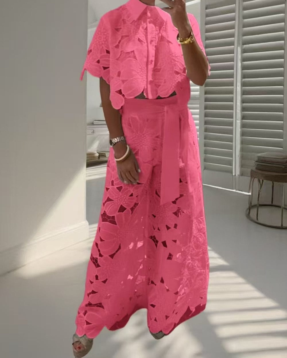 Coralie lace shirt and wide-leg trousers set in hot pink