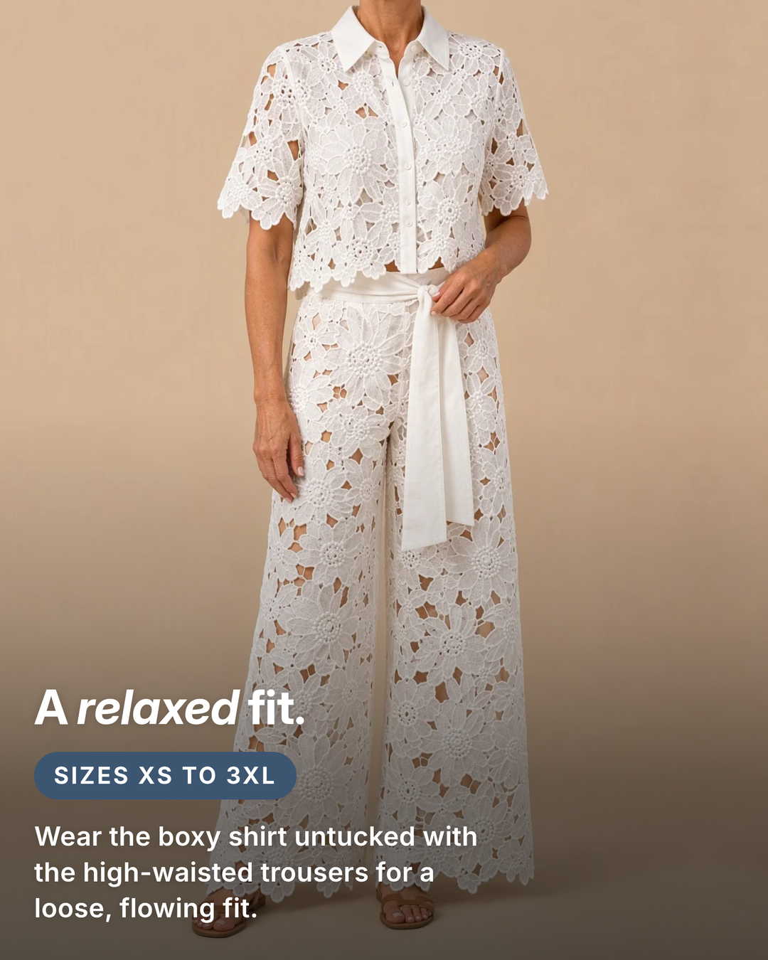 Coralie | Lace Cut-Out Shirt & Wide-Leg Trousers Set fit and sizes
