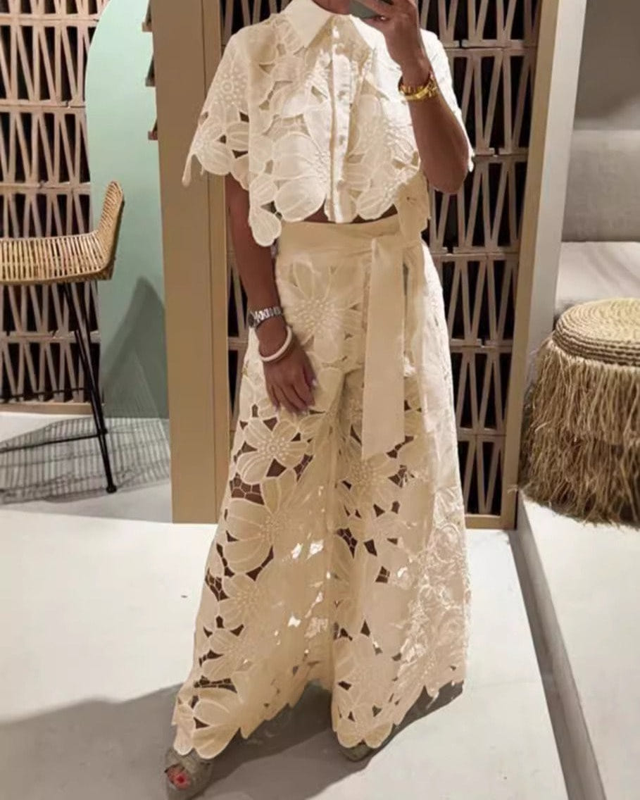 Coralie lace shirt and wide-leg trousers set in yellow