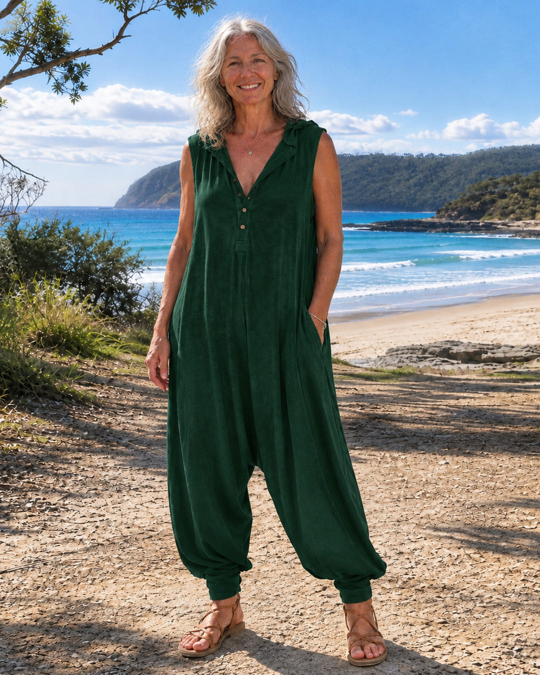 Rae | Casual Hooded Harem Jumpsuit on Bruny Island, Dark Green colourway