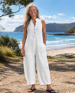 Dulcie | Sleeveless Button-Front Linen Jumpsuit on Bruny Island, White colourway