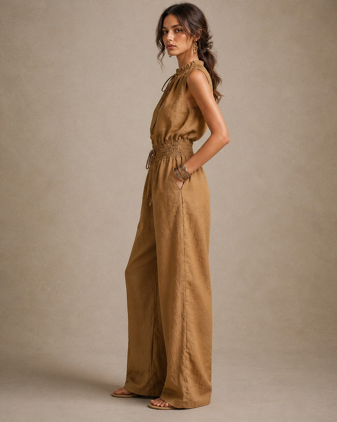 Gilly | Tie-Neck Belted Linen Jumpsuit