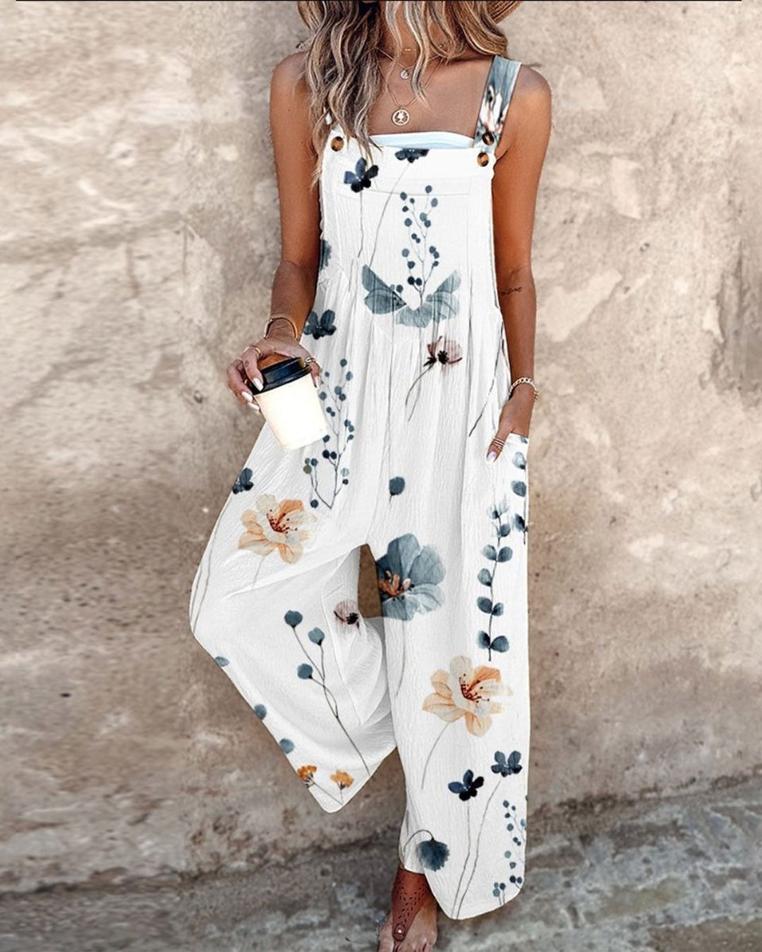 Clover | Daisy Print Wide-Leg Dungarees – White Floral
