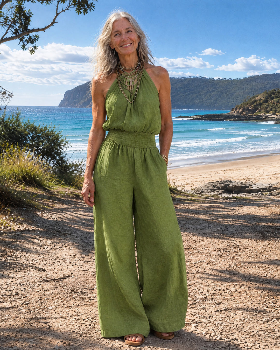 Dagny | Halter-Neck Smocked Linen Jumpsuit on Bruny Island, Green colourway