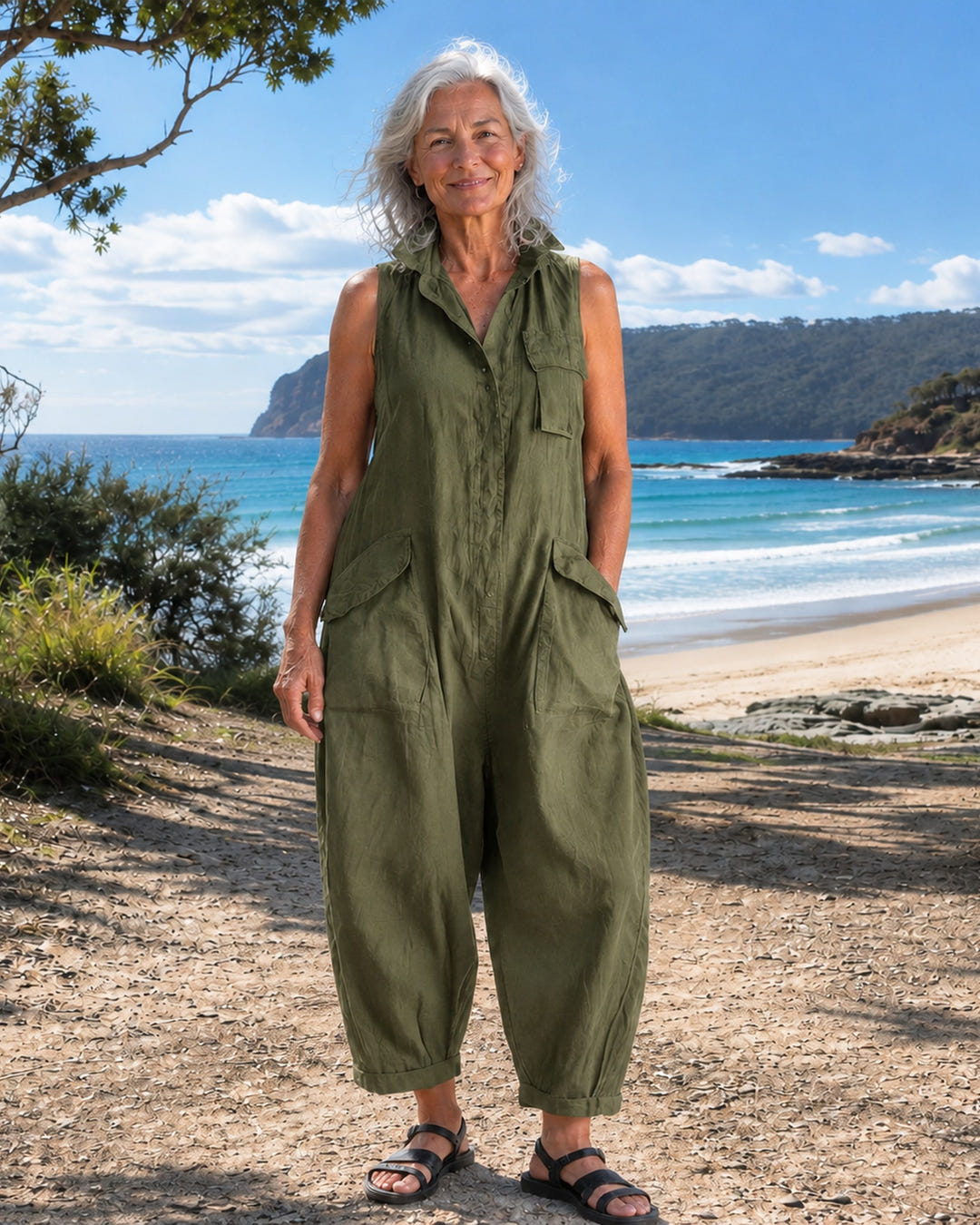 Marlo | Utility Pocket Linen Jumpsuit on Bruny Island, Olive colourway