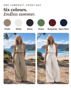 Dagny | Halter-Neck Smocked Linen Jumpsuit available in 6 colours: khaki, white, black, green, burgundy, navy blue