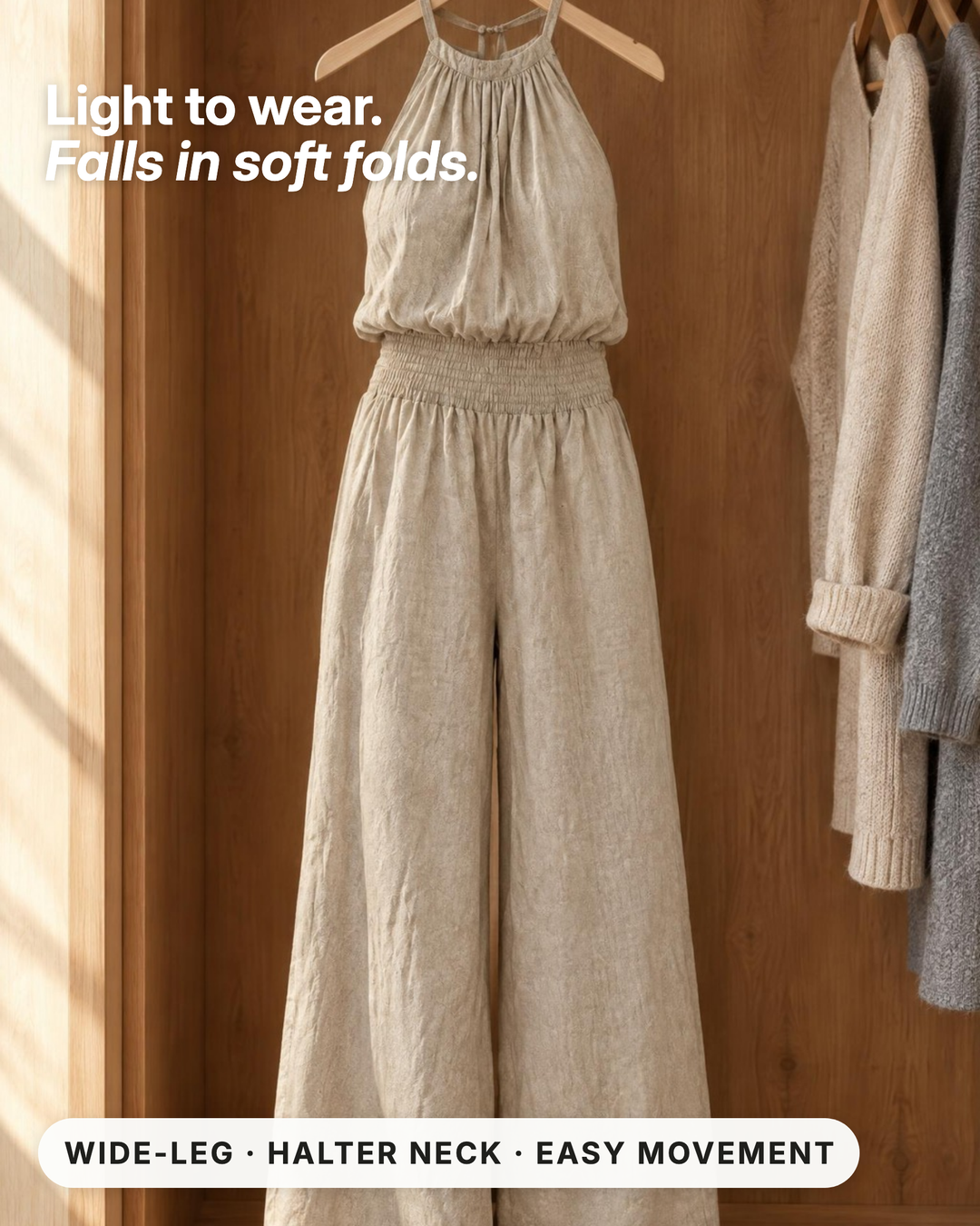 Dagny | Halter-Neck Smocked Linen Jumpsuit fabric close-up