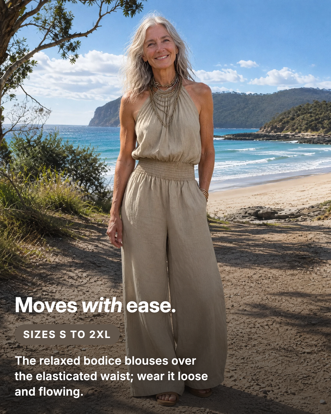 Dagny | Halter-Neck Smocked Linen Jumpsuit fit and sizes