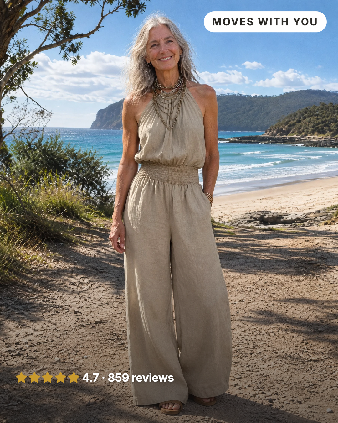 Dagny | Halter-Neck Smocked Linen Jumpsuit in khaki
