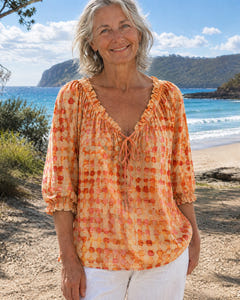 Mila | Boho Print Tie-Neck Blouse on Bruny Island, Orange colourway