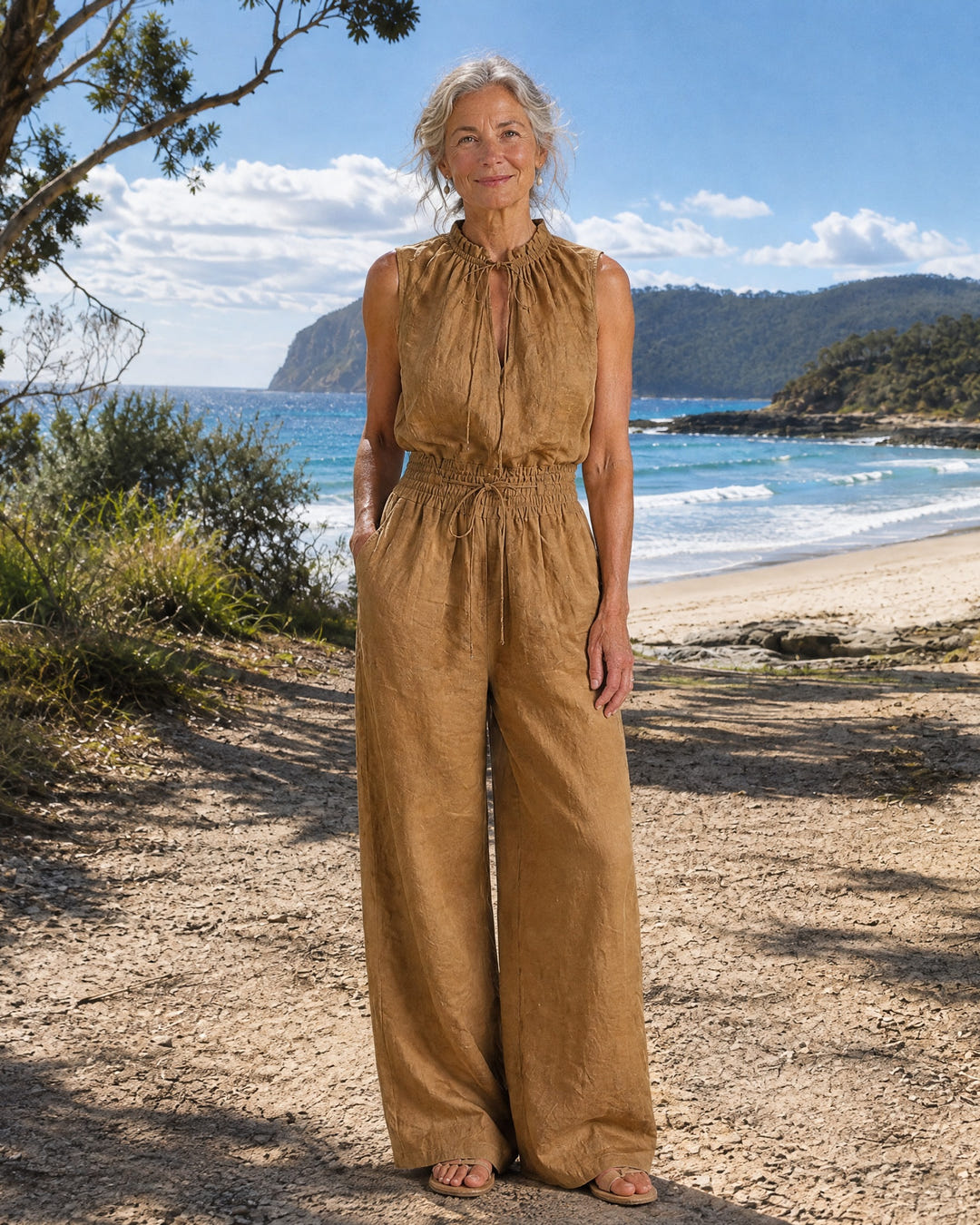 Gilly | Tie-Neck Belted Linen Jumpsuit on Bruny Island