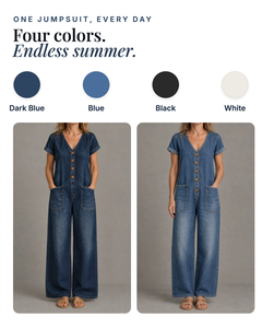 Delta | Short-Sleeve Denim Jumpsuit available in 4 colours: dark blue, blue, black, white