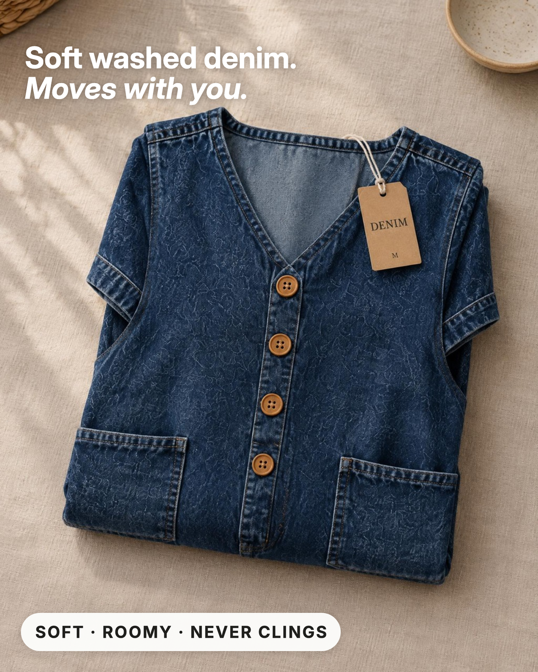 Delta | Short-Sleeve Denim Jumpsuit fabric close-up