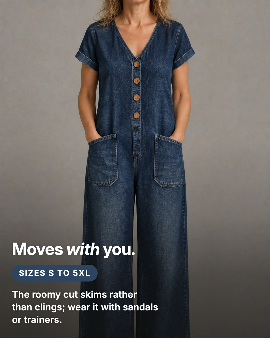 Delta | Short-Sleeve Denim Jumpsuit fit and sizes