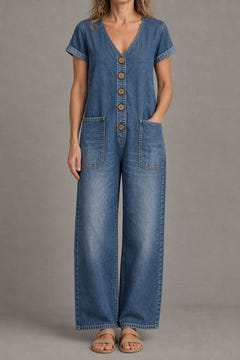 Short-sleeve denim jumpsuit in blue