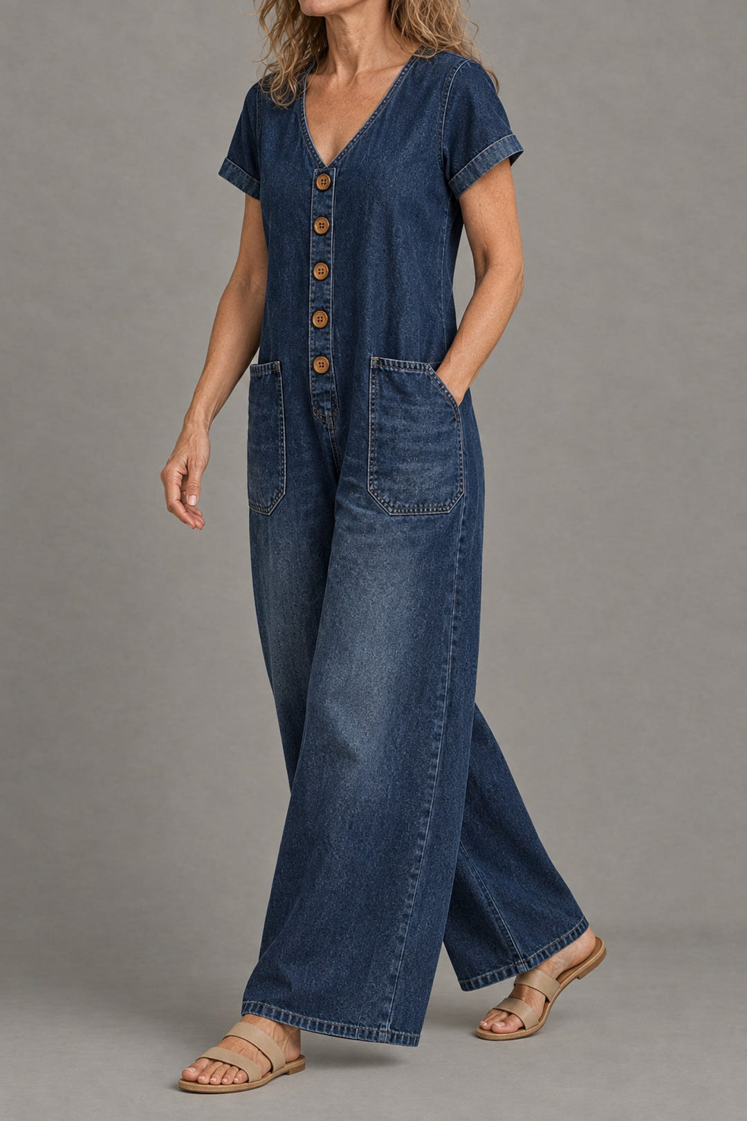 Short-sleeve denim jumpsuit in dark blue from the side, wide legs