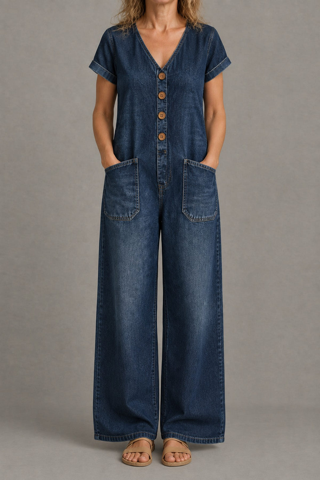 Short-sleeve denim jumpsuit in dark blue