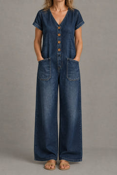 Short-sleeve denim jumpsuit in dark blue