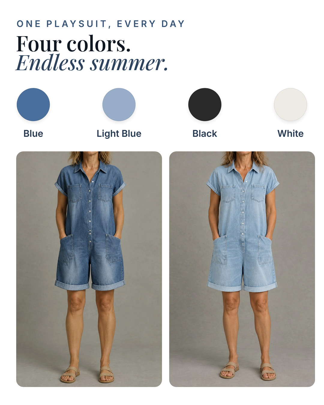 Dolly | Short-Sleeve Denim Playsuit available in 4 colours: blue, light blue, black, white