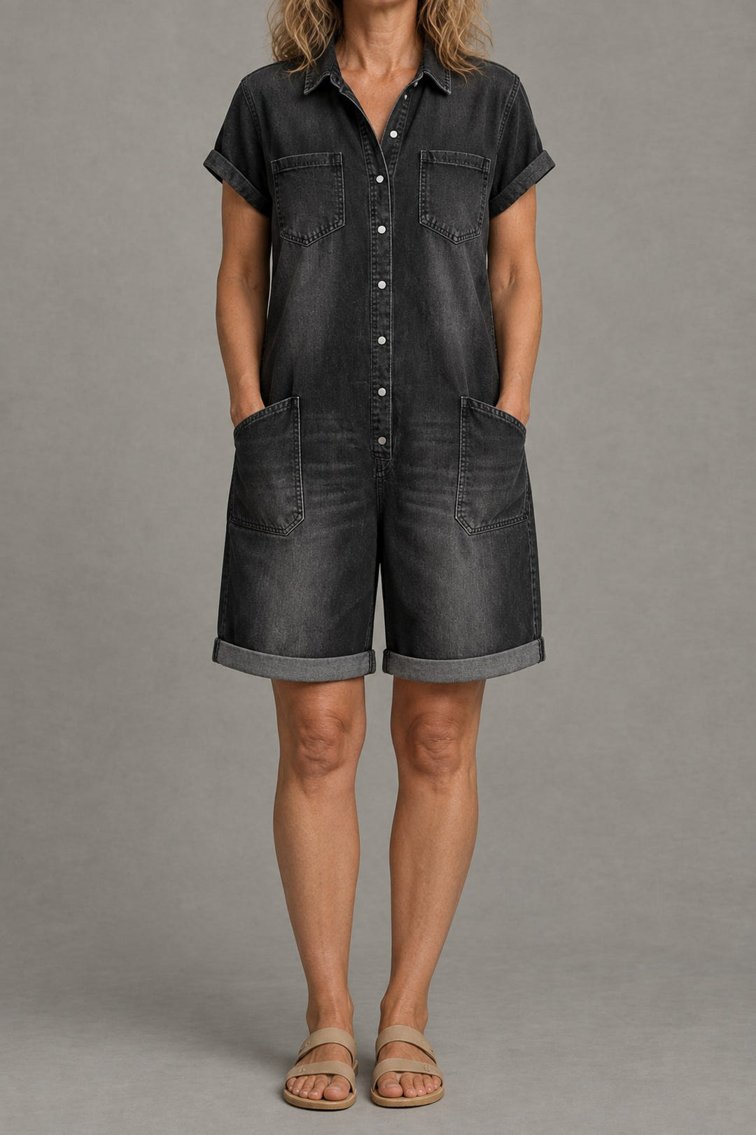 Short-Sleeve Denim Playsuit in black