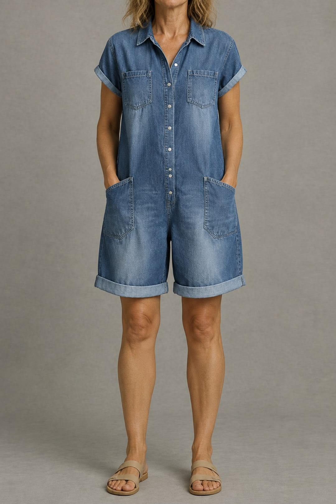 Short-Sleeve Denim Playsuit in blue