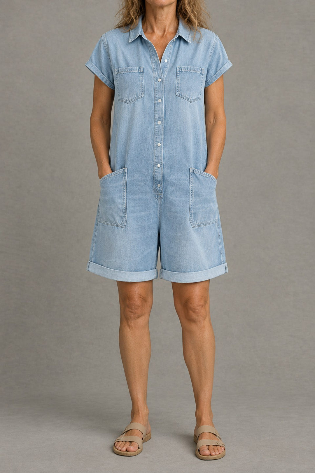 Short-Sleeve Denim Playsuit in light blue