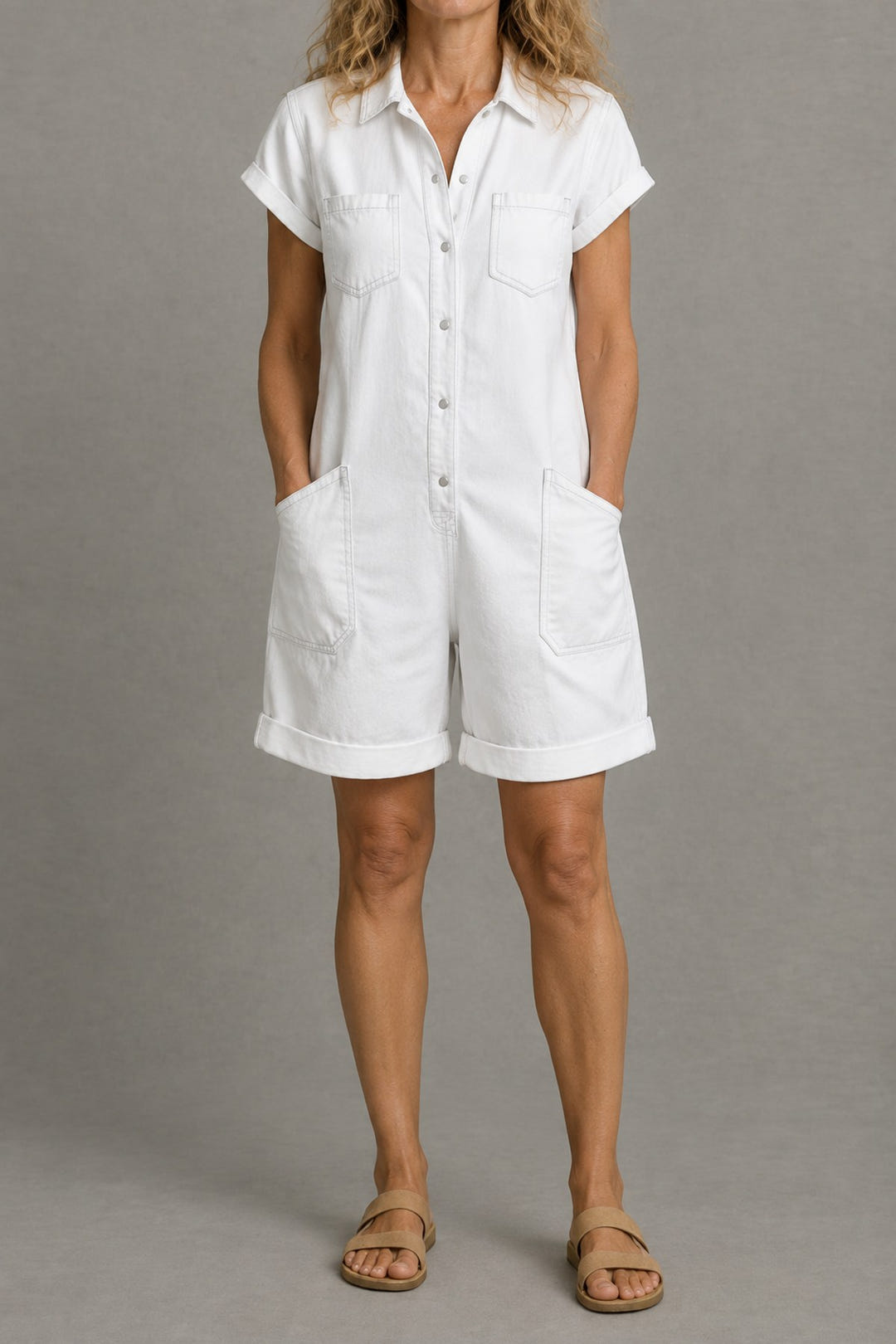 Short-Sleeve Denim Playsuit in white