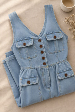 Close-up of the washed denim, brown buttons and buttoned pocket flap