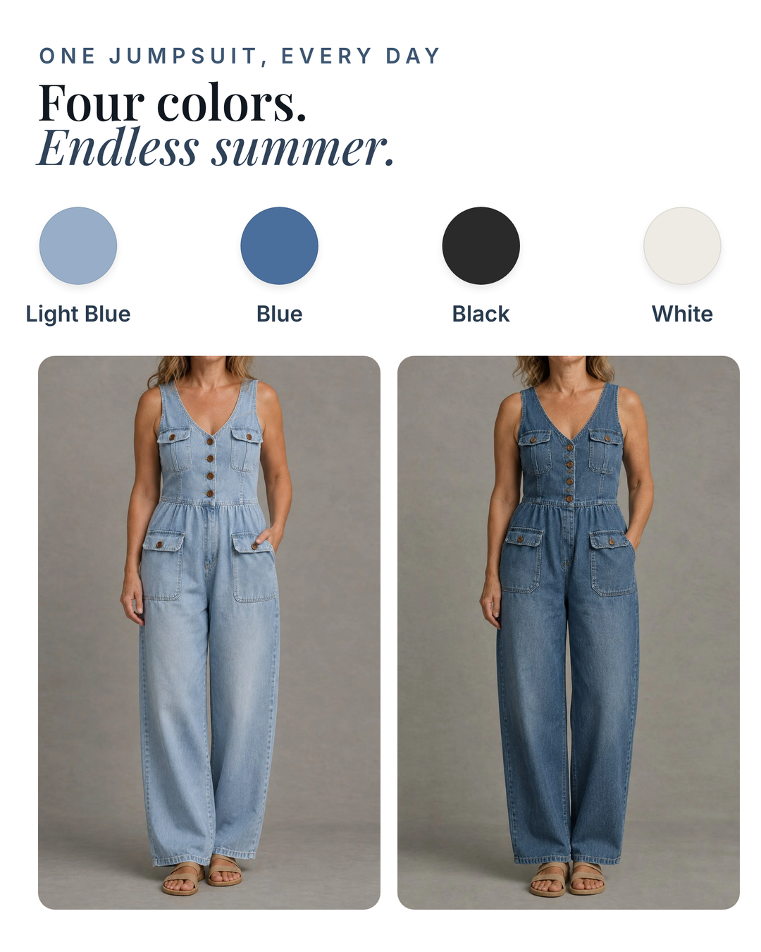 Dottie | V-Neck Denim Jumpsuit available in 4 colours: light blue, blue, black, white