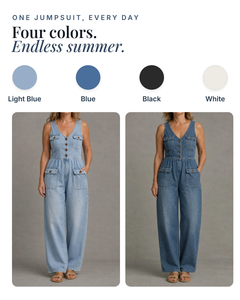 Dottie | V-Neck Denim Jumpsuit available in 4 colours: light blue, blue, black, white