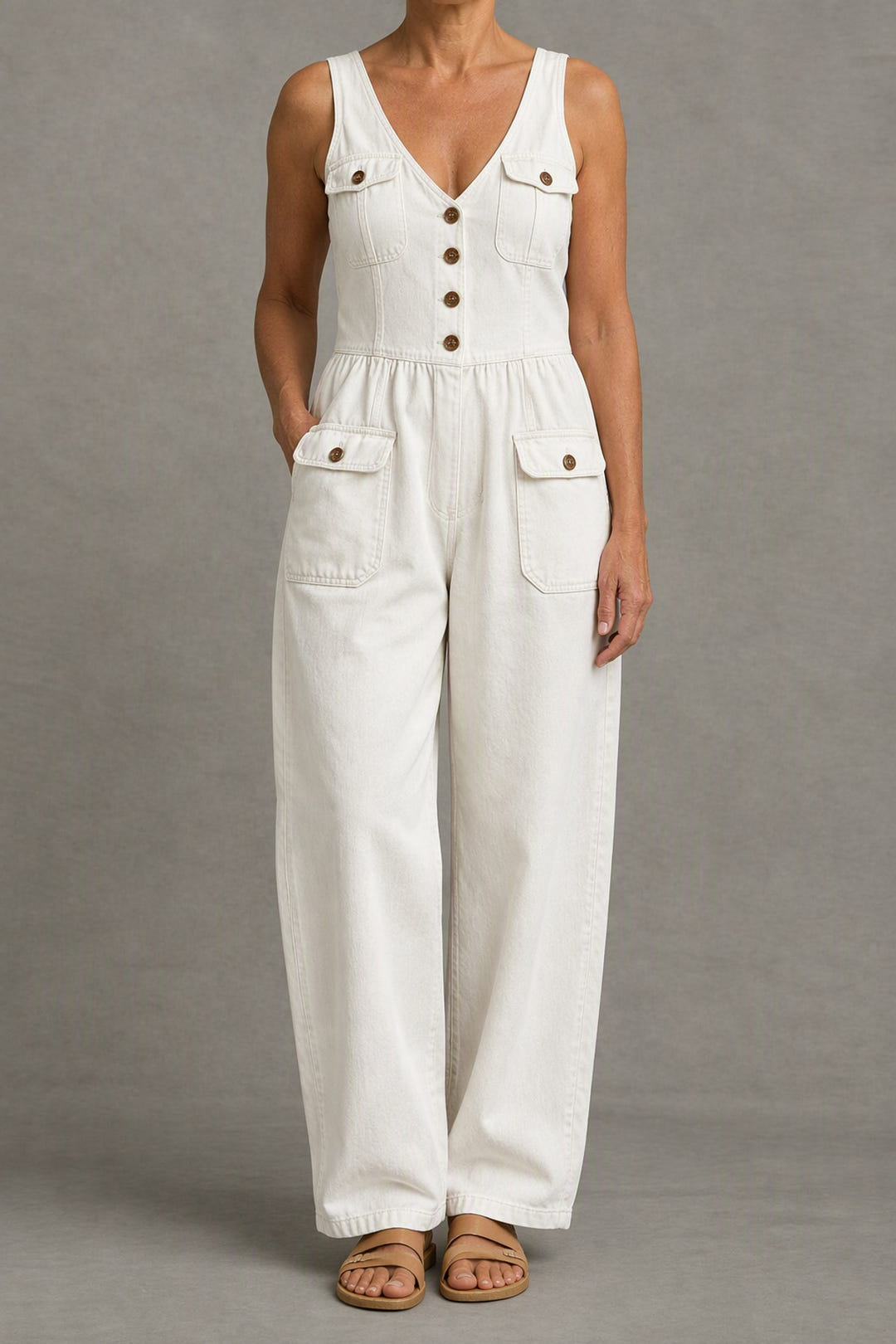 V-neck denim jumpsuit in white