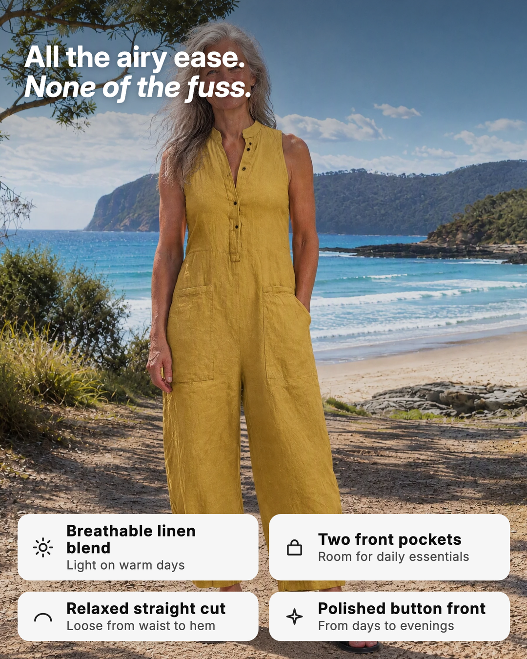 Dulcie | Sleeveless Button-Front Linen Jumpsuit benefits
