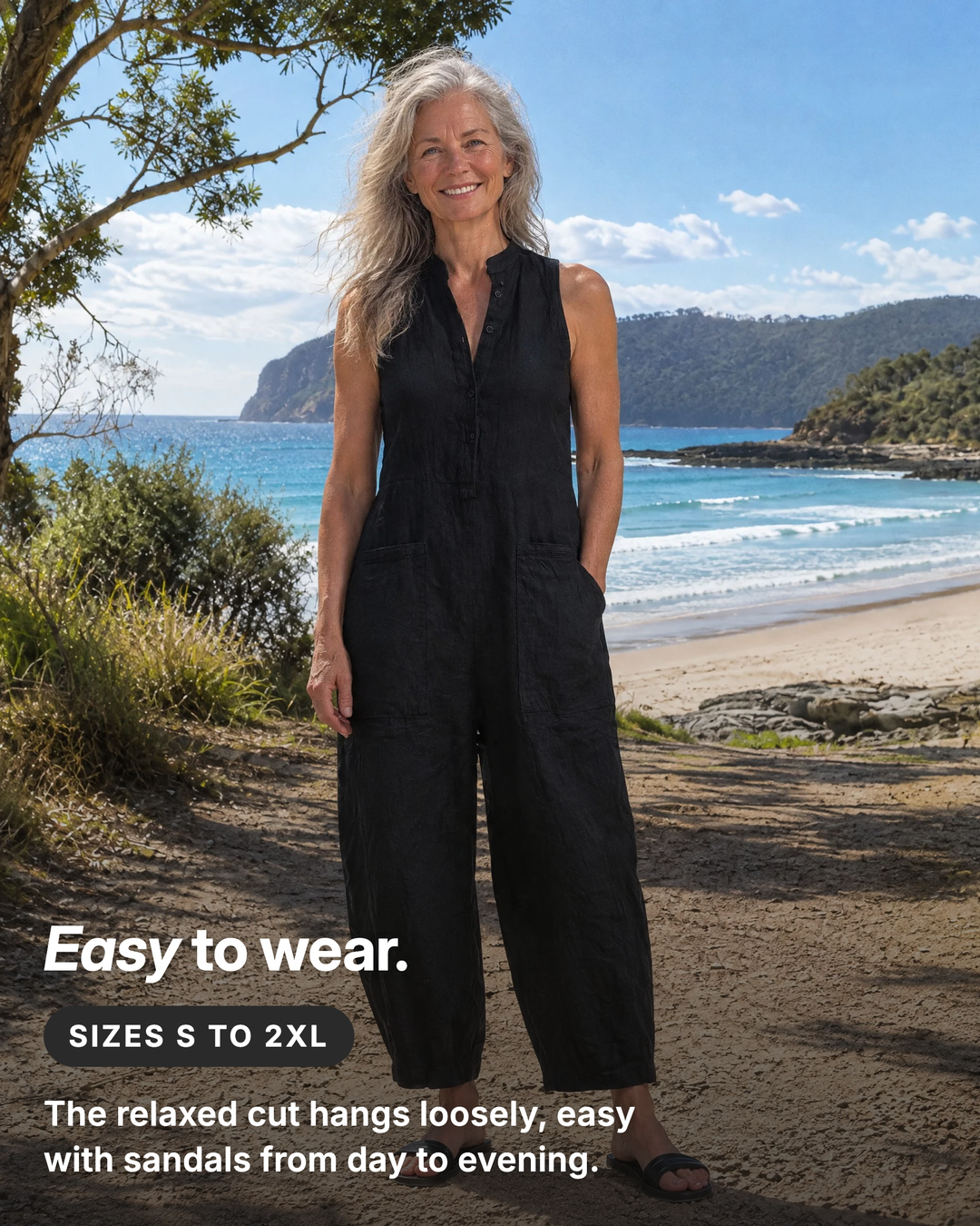 Dulcie | Sleeveless Button-Front Linen Jumpsuit fit and sizes